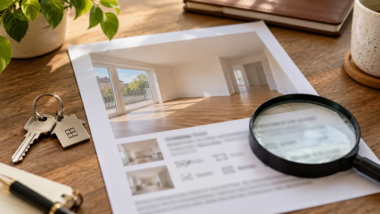 Anuncio de una vivienda, llave y lupa sobre una mesa