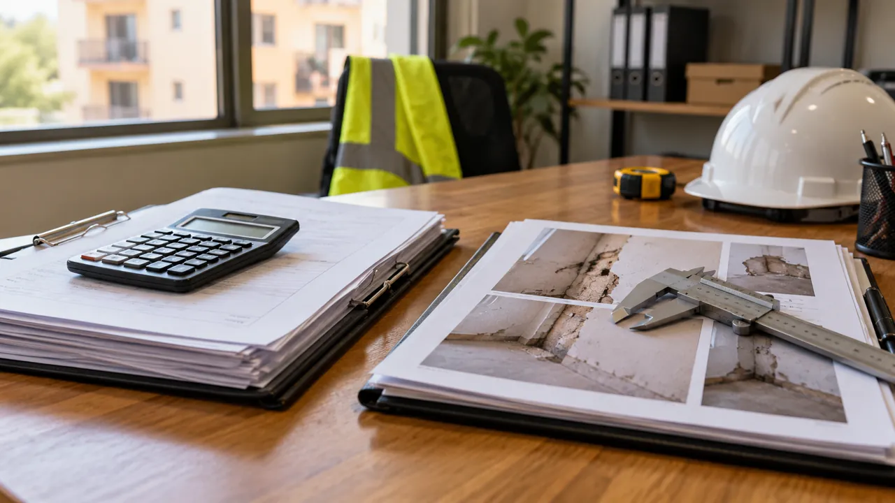 Carpetas con presupuesto y fotografías técnicas junto a un calibre y una calculadora